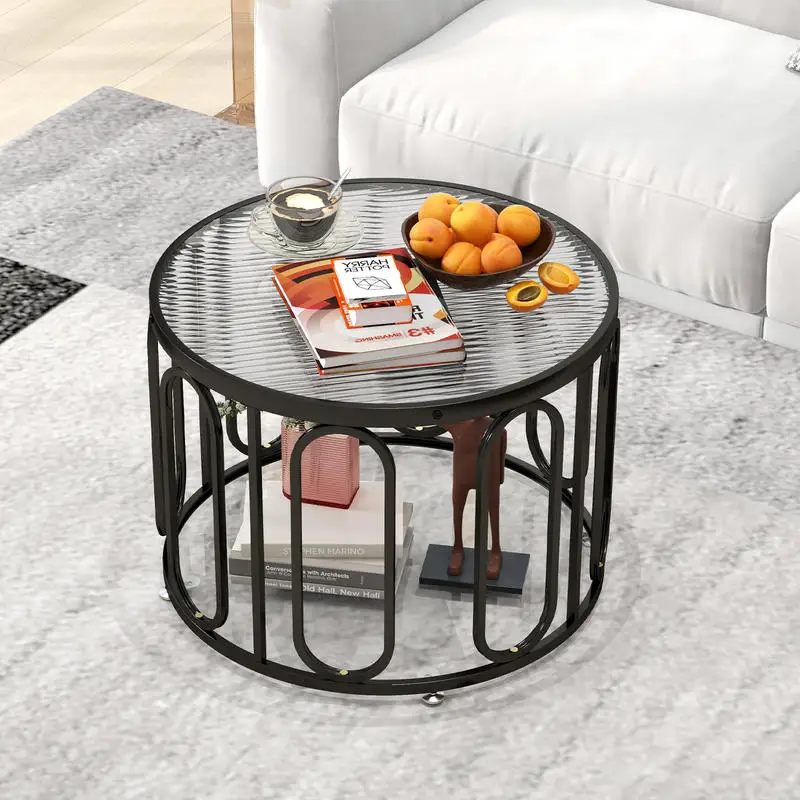 

24 Inch Round Coffee Table with Reeded Tempered Glass Top and Oval Swivel Brackets-Black