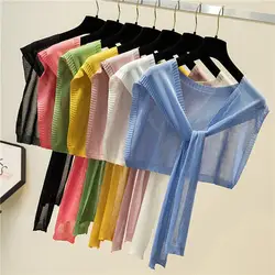 1Pc Candy Color Women Shawl Lace-up Ribbed Trim Knitting Shawl Ultra-thin Women Summer Sunscreen Fake Collar Cape for Daily Wear