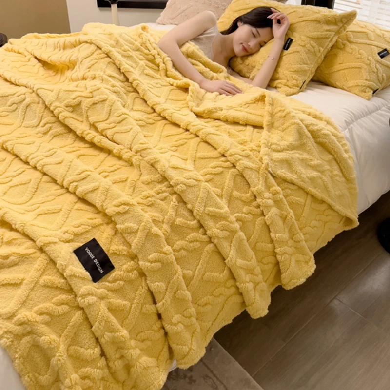 WASART Soft warm yellow flannel plaid blanket autumn winter velvet fleece stitch fluffy thick bed linen sofa throw big bedspread