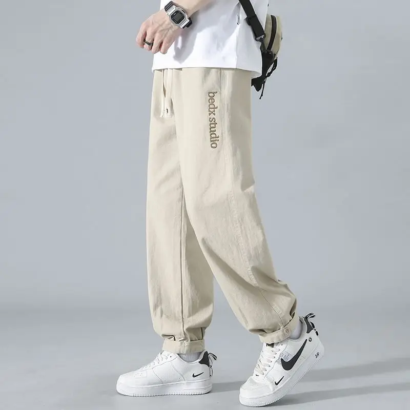 Versatile Commuter Men's Clothing Spring and Autumn New Splice Pockets Drawstring Solid Color Straight Barrel Workwear Pants