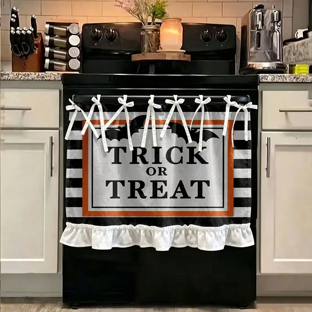 2D Flat - 1pc Halloween Kitchen Stove Oven Valance, 2D Printed Trick Or Treat Bats Stripes Also Spooky Kitchen Decoration Curtain for Dishwasher Microwaves Cabinet Kitchen Sink, Makes a Great Addition to Your Halloween Themed Home