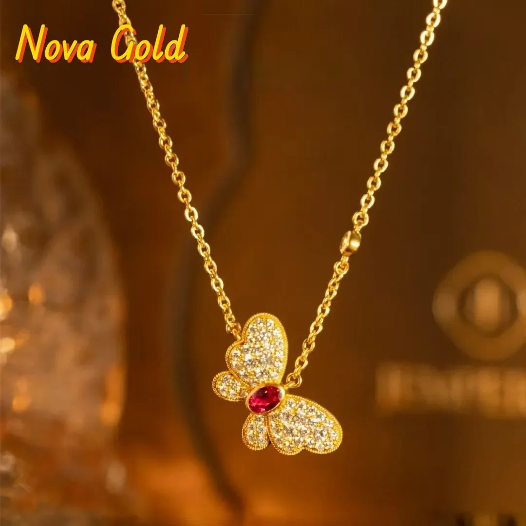 

NovaGlod 9999 24K real gold ancient style necklace fashionable ruby inlaid with small butterfly pendant as a festival gift for y