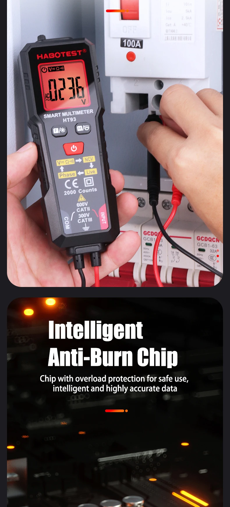 HABOTEST DC Voltage Tester Detector Multimeter 2000 Display Non-Contact Electric Pen Dual Range Live Wire Test Ohm Hz NCV Meter