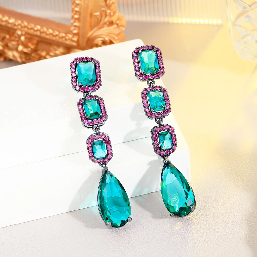 CWWZircons Elegant Water Drop Green Crystal and Rose Red Cubic Zircon Long Dangle Party Engagement Earrings for Women CZ485