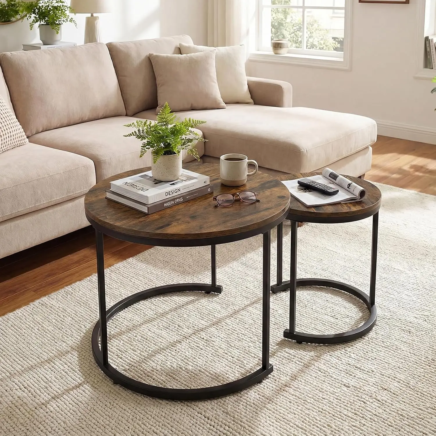 Round Nesting Coffee Tables Set of 2, Stacking Wooden Top & Steel Frame, Living Room Center Table for Apartment Bedroom, Rustic