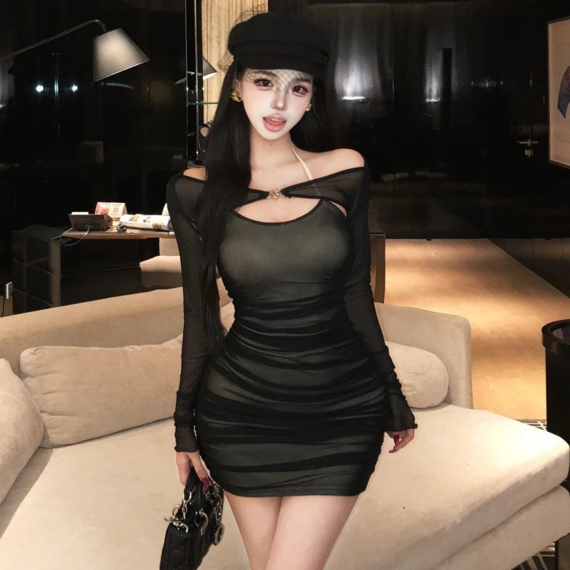 

Summer Nightclub Sexy Slim 2 Piece Set Women Mesh Spaghetti Strap Bodycon Dress + Mesh Long Sleeve Sun Protection Cover Up Set