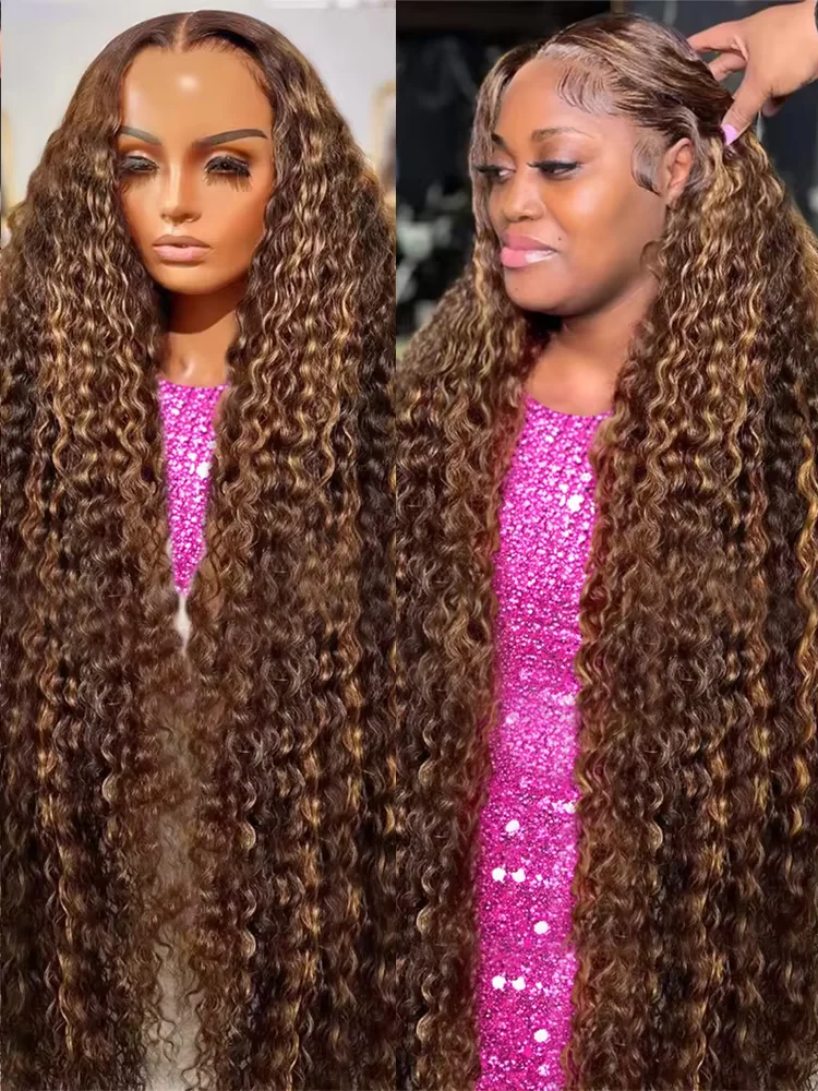 200% 4/27 Highlight Curly Wig Glueless Human Hair Wig Deep Wave Ombre Colored Human Hair Brazilian Wigs For Women 30 34Inch