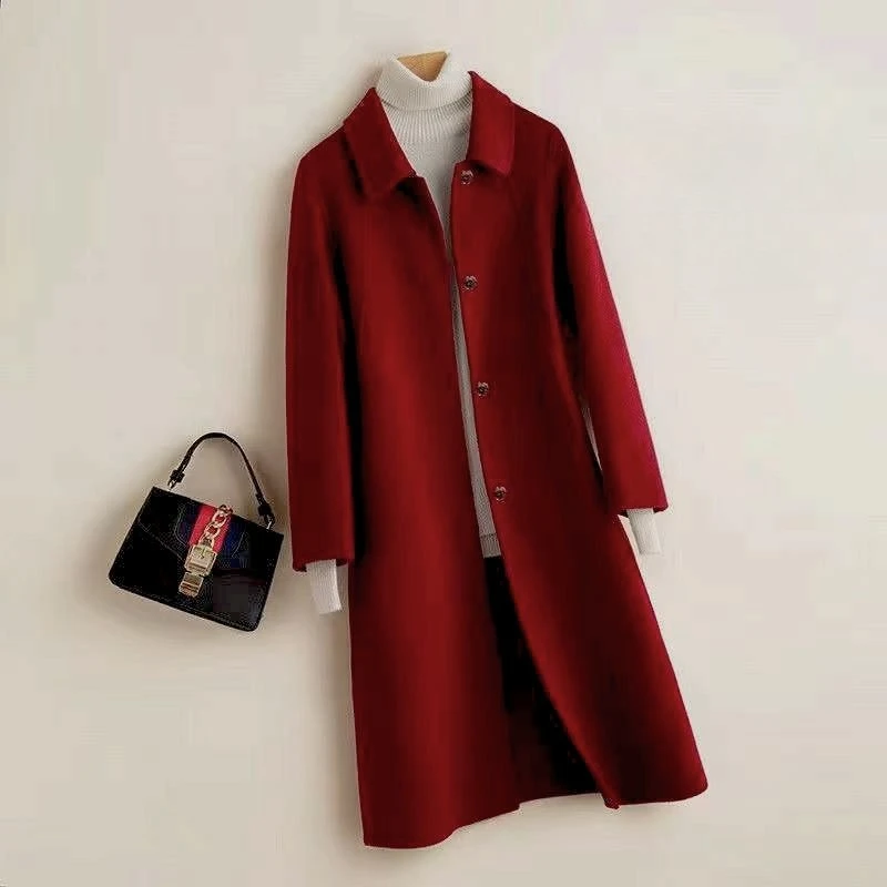

Women's Fall Winter Wool Coat Mid-Length Double-Breasted Doll Collar Belted Trench Coat