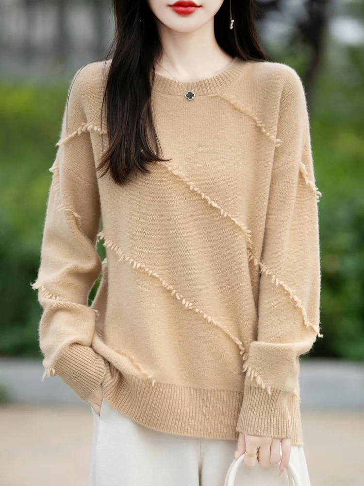 

Новая мода, женский свитер из 100% мериносовой шерсти, осень-зима, женский трикотаж, пуловер с кисточками, женская блузка, одежда с длинными рукавами, топы