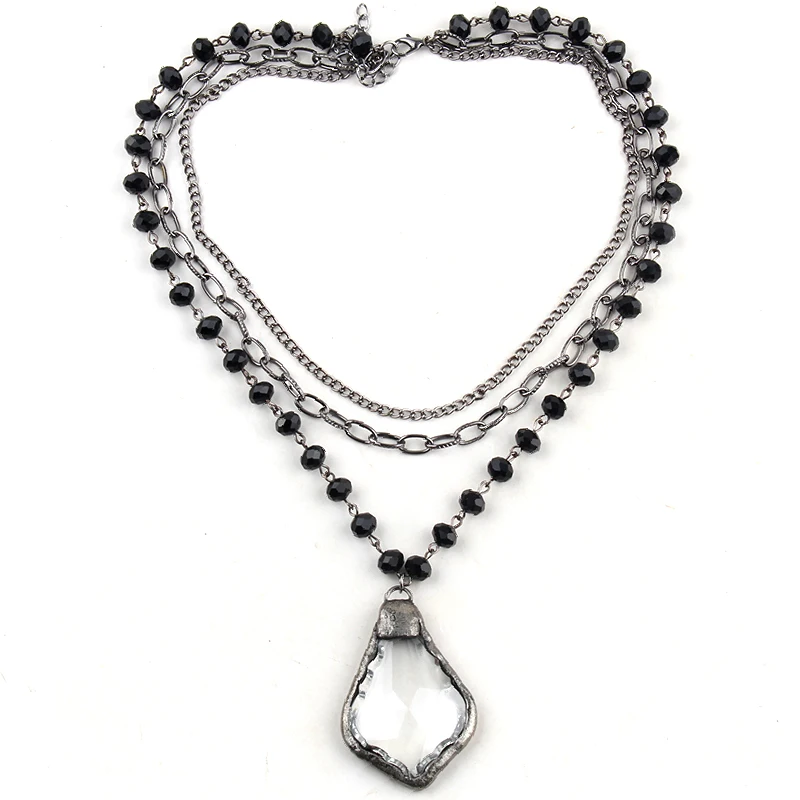Fashion Bohemian Tribal Jewelry 3 Layer Multiple Black Crystal Rosary Link & Chain Long Druzy Pendant Necklaces