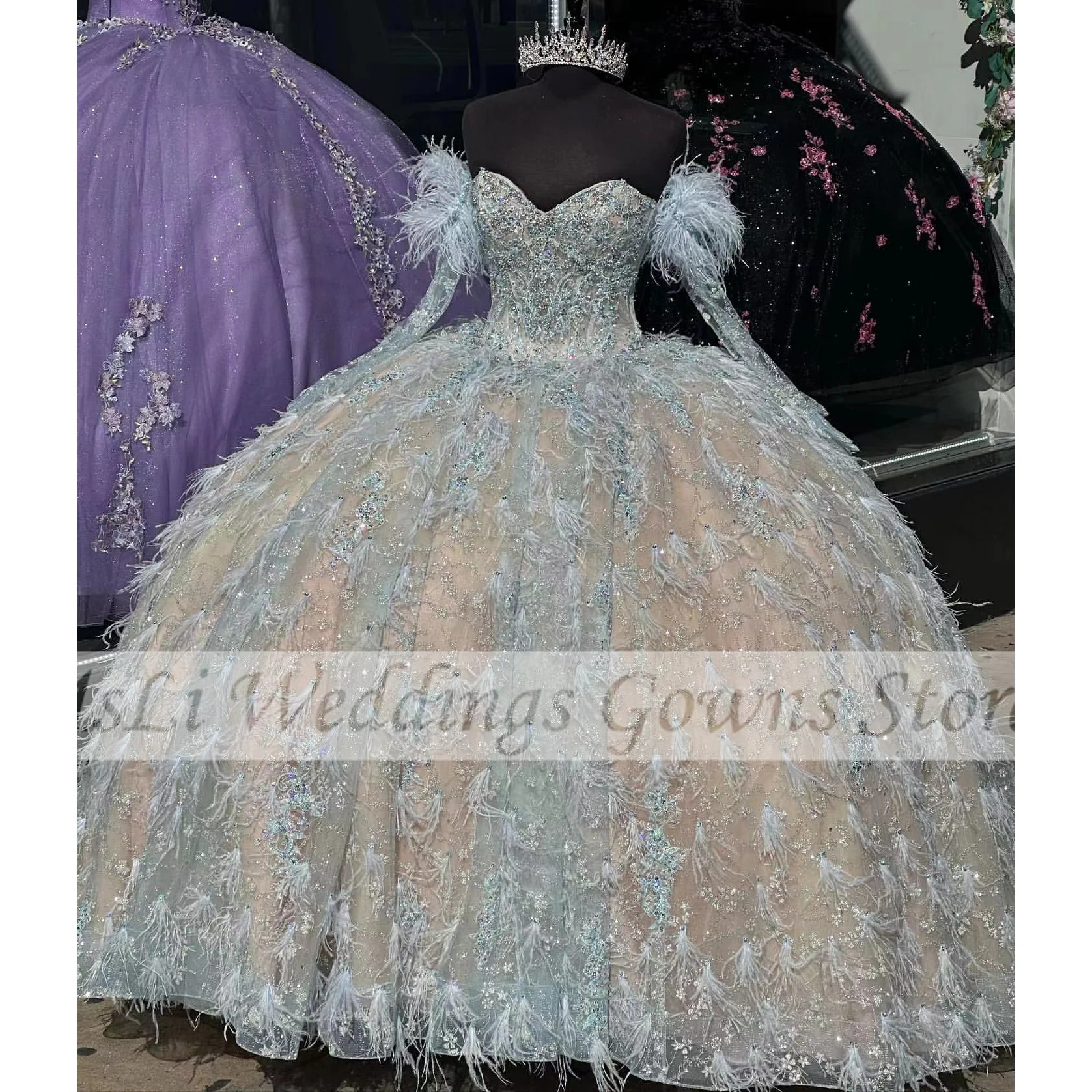 Luxus Blau Quinceanera Kleider Für Mexiko Mädchen Federn Perlen Pailletten Prinzessin Ballkleider Vestidos De 15 Quinceañera