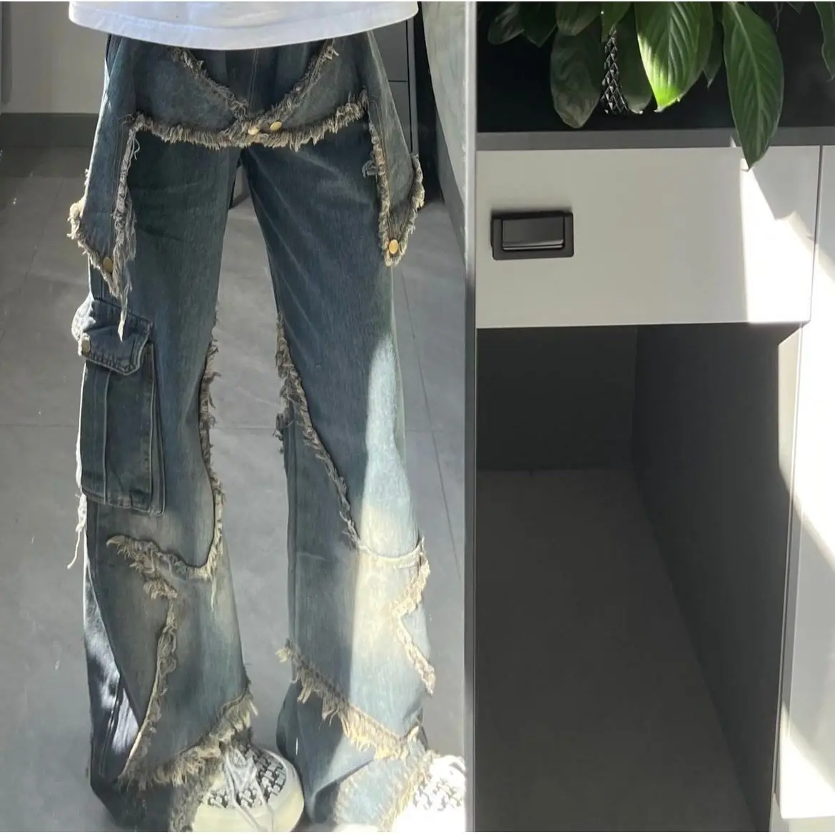 

Свободные утягивающие джинсы в американском стиле ретро, мужские и женские осенние дизайнерские брюки с потертостями длиной до пола, прямые расклешенные брюки