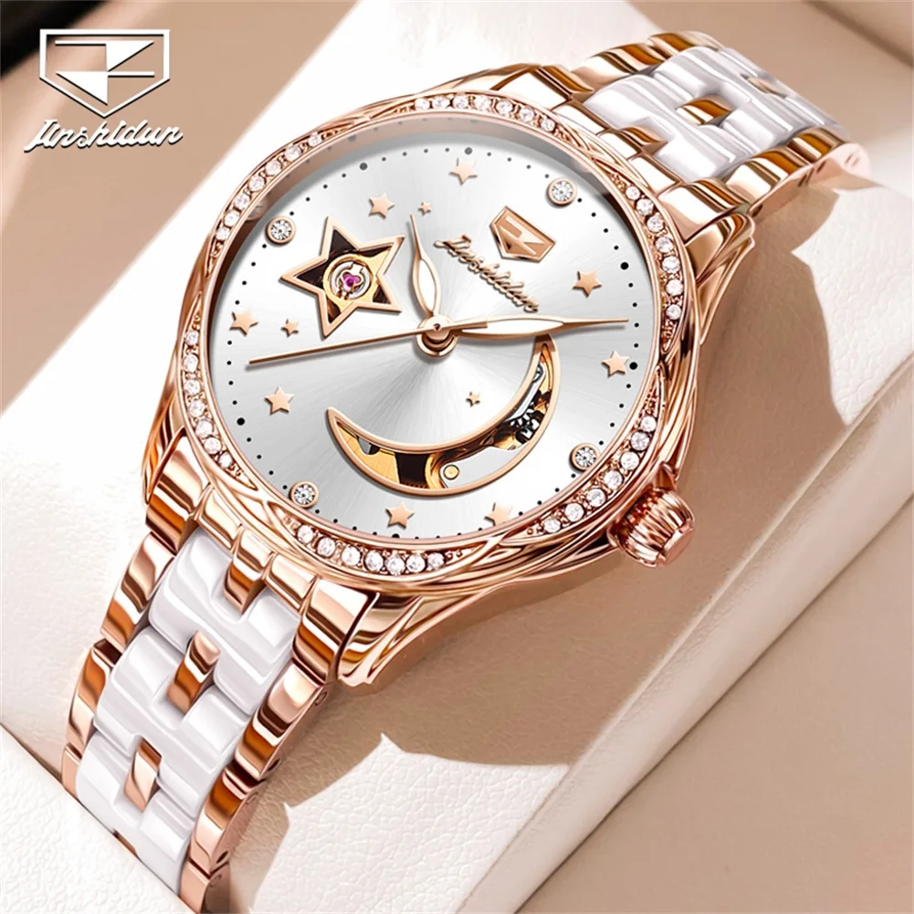 JSDUN Fashion Ceramic Skeleton Women Automatic Mechanical Watches New Luxury Ladies Watch Original Waterproof Lady Wrist Watch