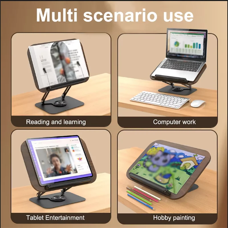 Reading Books Holder Desktop Book Laptop Stand with 360° Rotating Base Wooden Panel & Page Clips Foldable and Angle for Textbook image 5