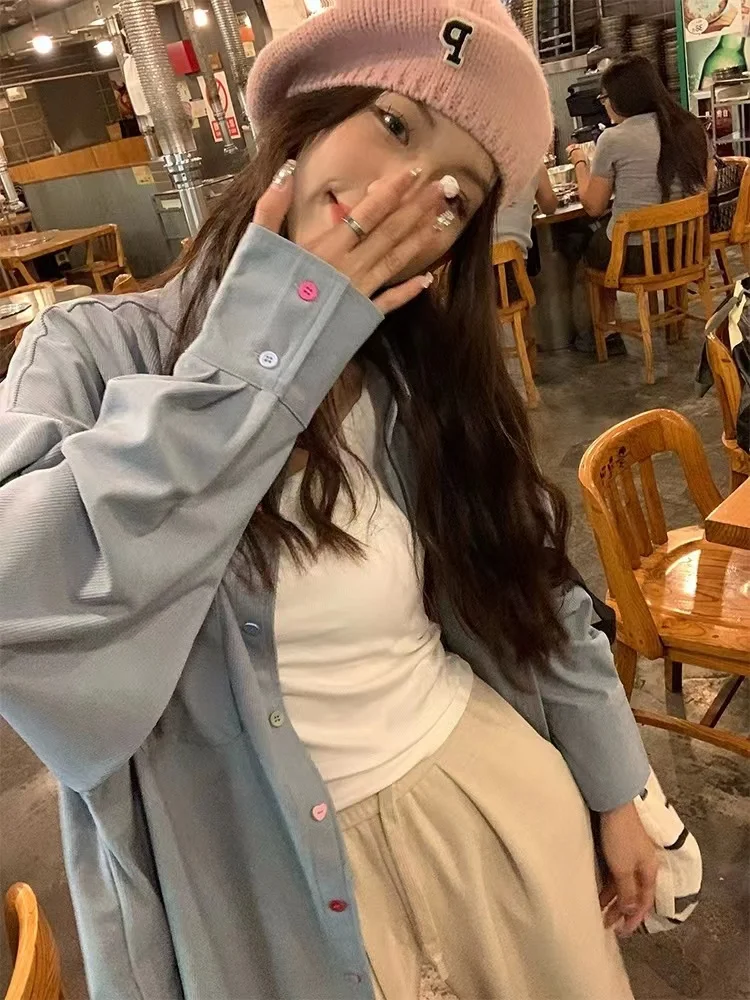 

Повседневная свободная женская рубашка с длинным рукавом, воротником и пуговицами, весенняя новинка, в непринужденном стиле, модная, стройнящая, в университетском стиле