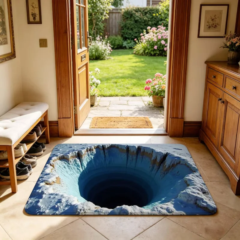 2D Optical Illusion Deep Brick Pit Skull Doormat Horror Funny Prank Print Entrance Rug Indoor Outdoor Halloween Creative Carpet