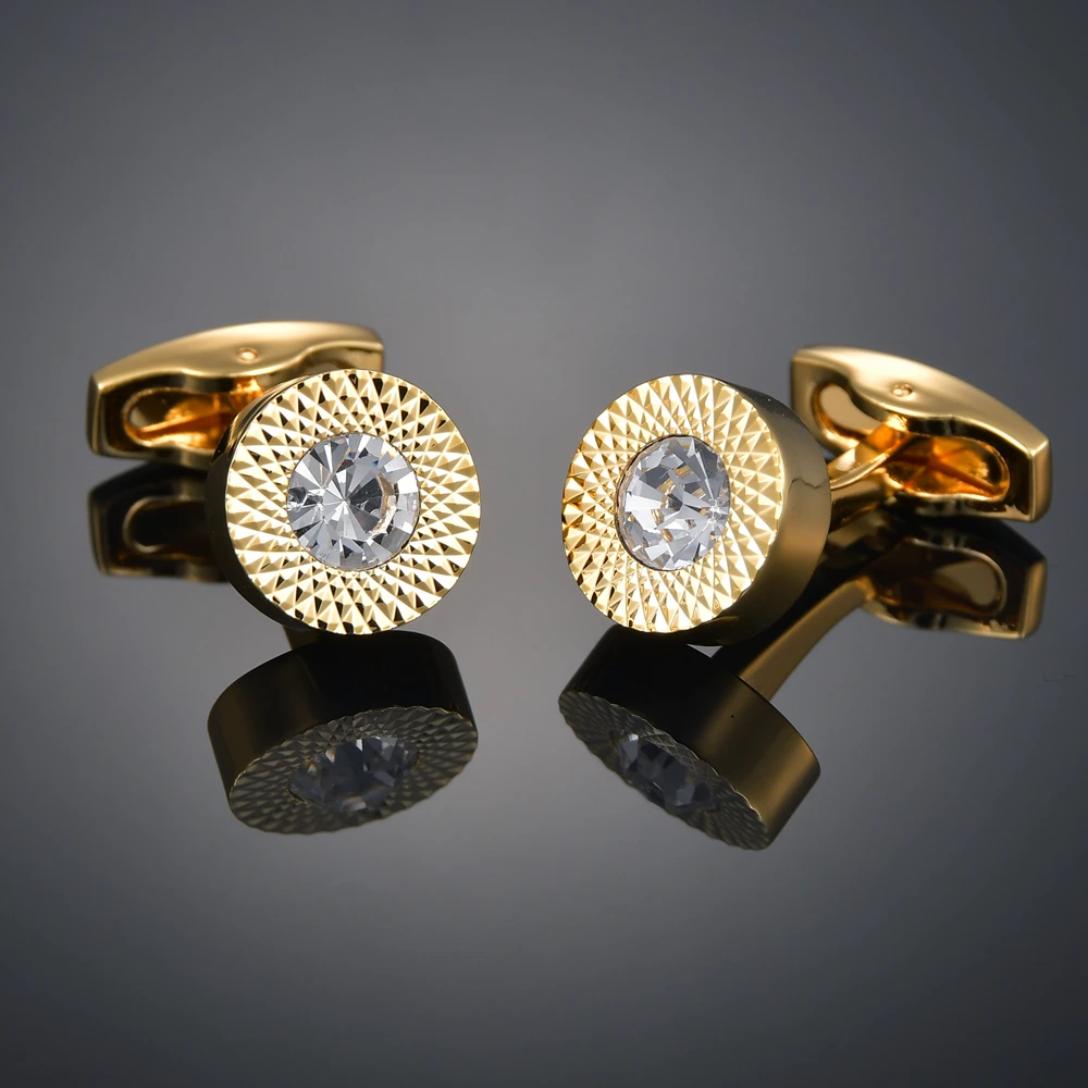 New round gemstone cufflinks for business banquets, fashionable suits, shirt buttons, French patterned sleeve studs