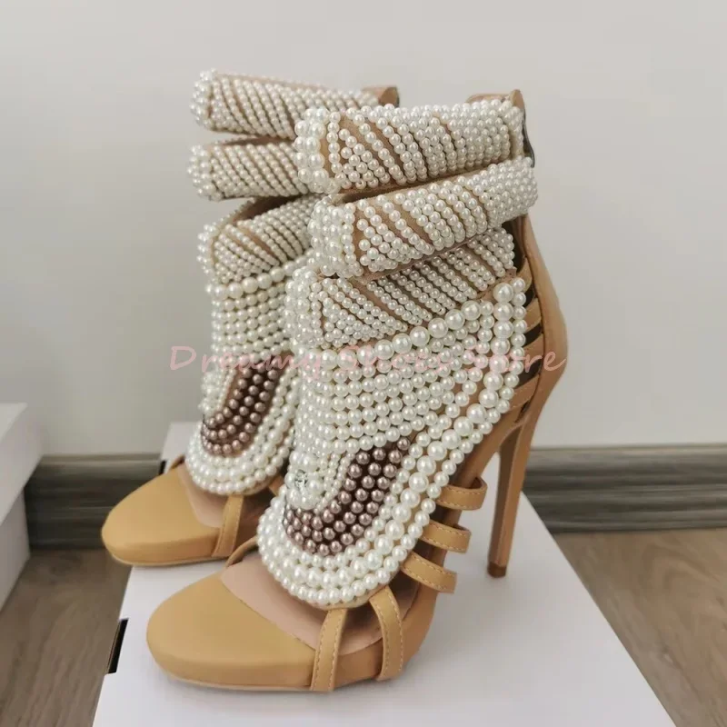 

Patchwork Pearl Hollow Ankle Wrap Stiletto Sandals Women Open Toe Back Zipper High Heels Luxury Wedding Evening Party Lady Heels
