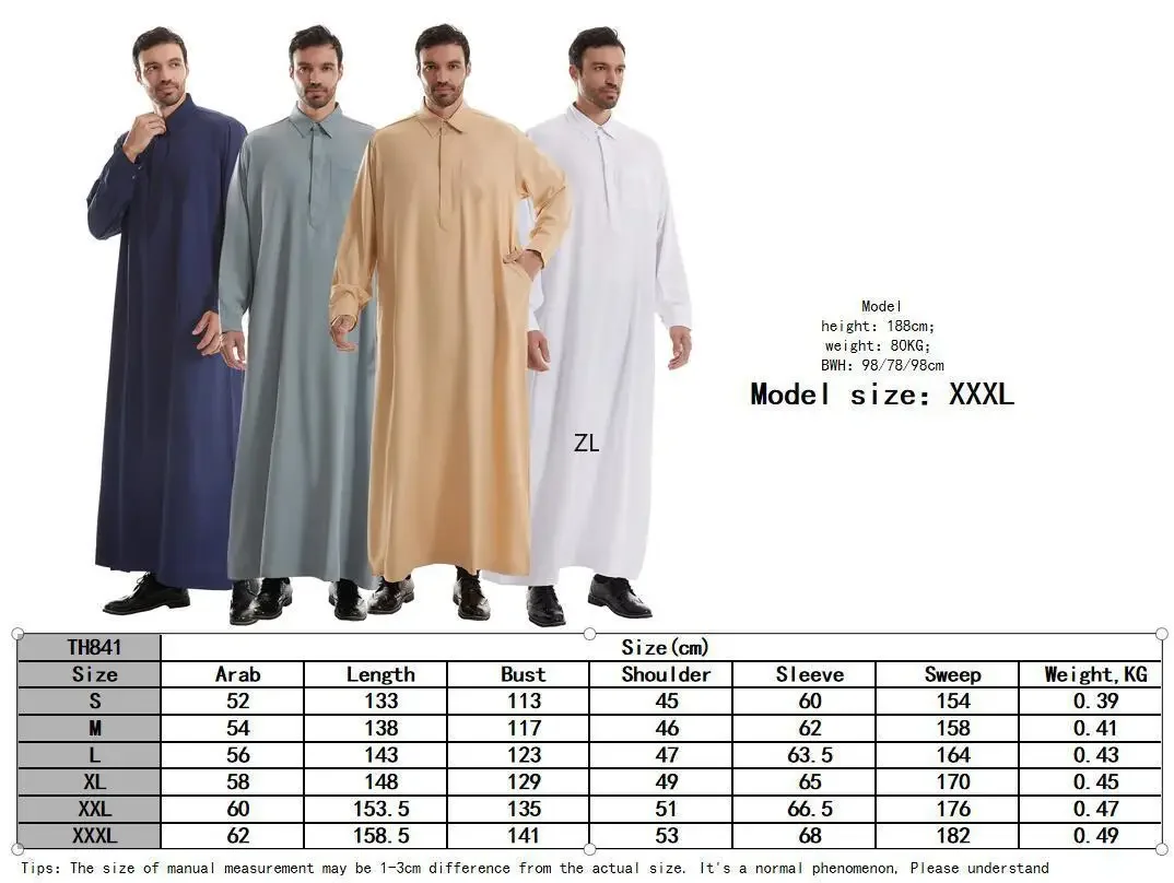 Mens Robe Saudi Arabic Thobe Jubba Abaya Thoub Dubai Daffah Kaftan Middle East Islam Thawb Muslim Dress Caftan Daffah Dishdasha