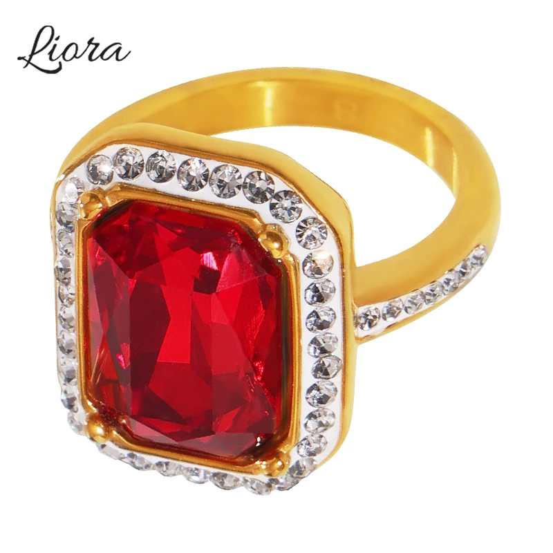 

Liora Fashion Stainless Steel Rings For Women Square Rhinestone Charm Round Mujer Rings Waterproof Luxury Jewelry Gifts