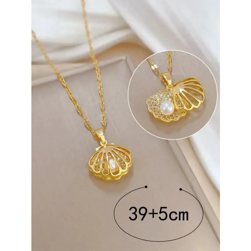 1 collar con colgante de perlas de imitación de concha con microincrustaciones de acero inoxidable