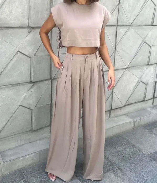

Fashion 2025 Summer Sexy Elegant 2 Pieces Outfit Round Neck Short Sleeve Side Lace Up Top Casual High Waist Wide Leg Pants Set