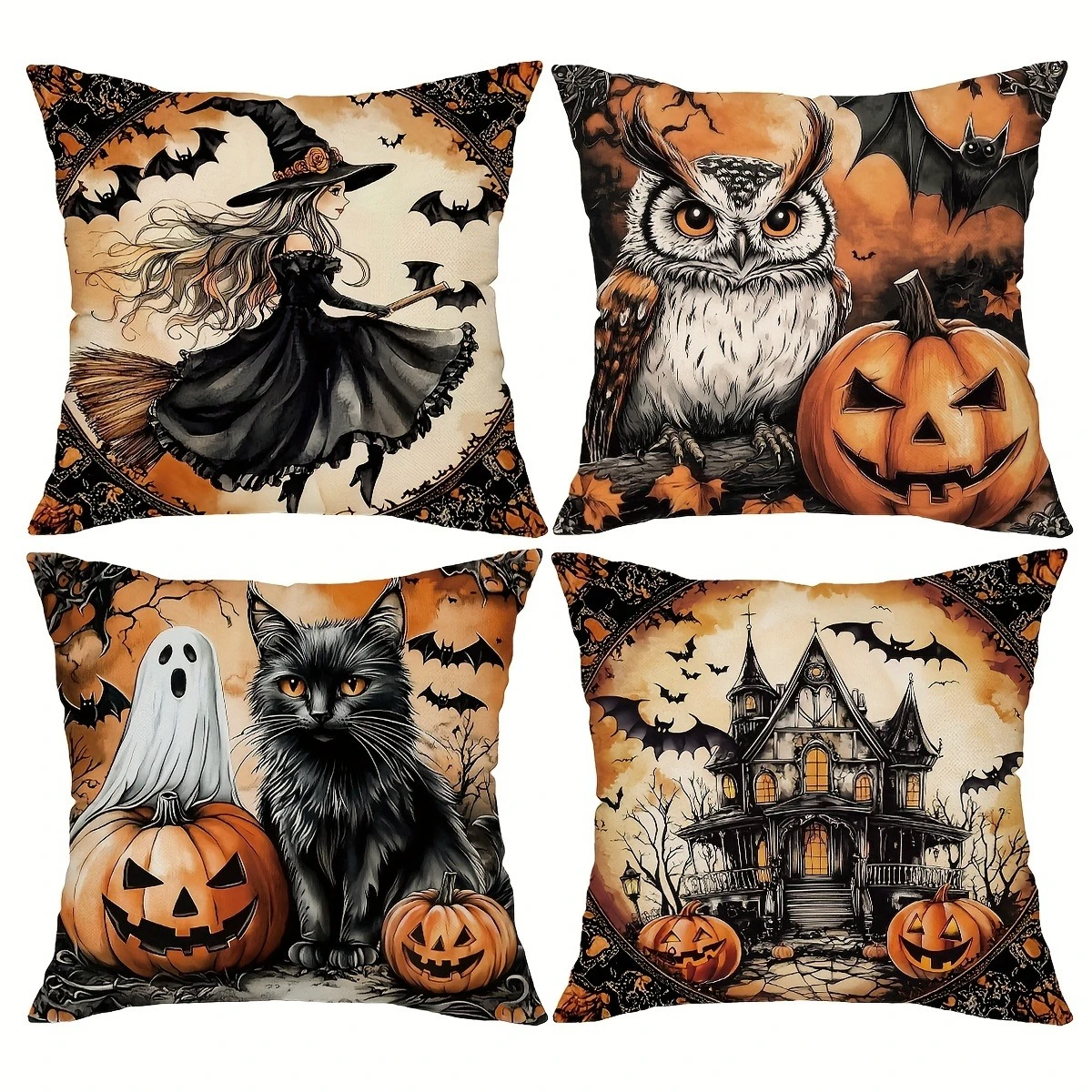 4PCS Halloween Vintage Style Throw Pillow Covers Spooky Witch Owl Black Cat Haunted House Decorative Cushion Cases