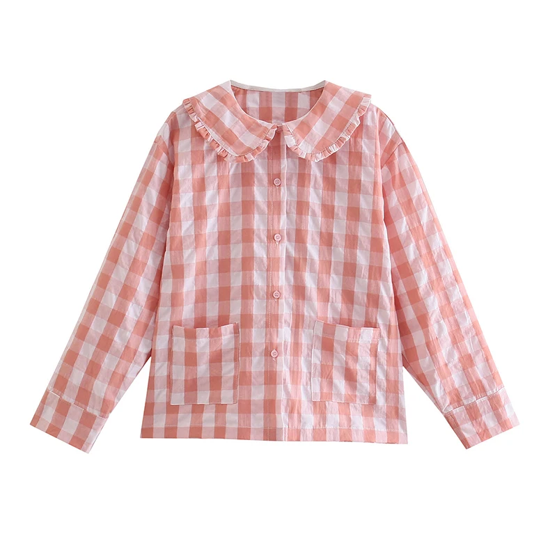 SIYANG Women Sweet Plaid Peter Pan Collar Shirts Female Pockets Decoration Blouses Ladies Casual Tops