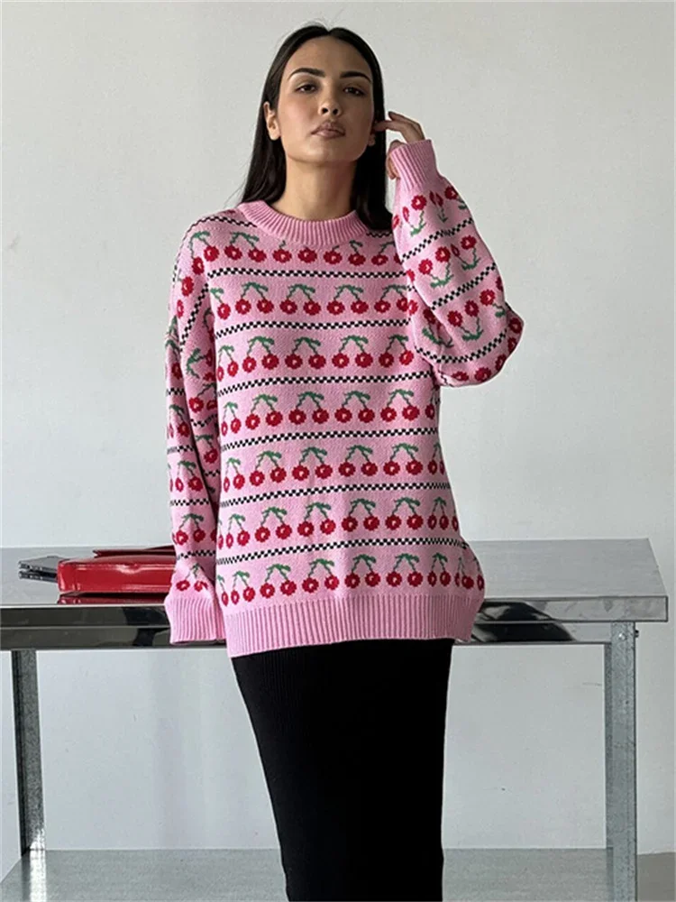 Printed Knit Sweater Pullover For Women Loose Patchwork Contrast Long Sleeve Vintage Fashion Top Knitwear Women's Pullover