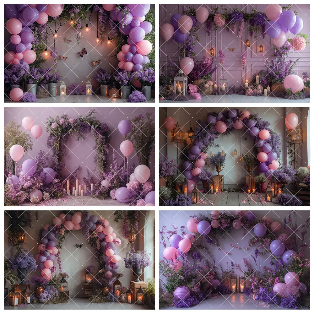 

Purple Floral Balloon Violet Butterfly Aldult Wedding Kid Birthday Party Banner Backdrop Custom Kid Room Poster Decor Background