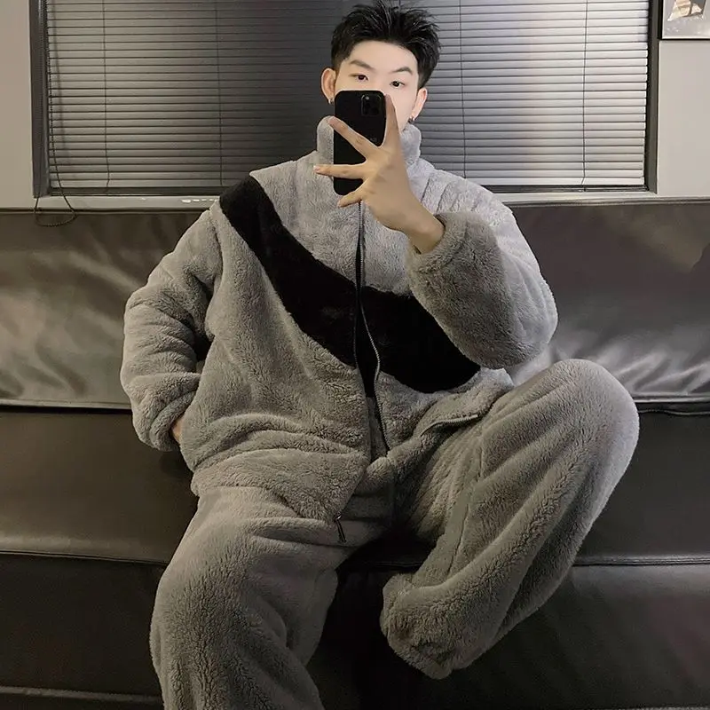 Patchwork Pajamas for Men Fleece Winter Sleepwear Korean Zipper Sleeping Night Wear Pijama 2 Pcs Pants Sets Warm Home Suit 2024