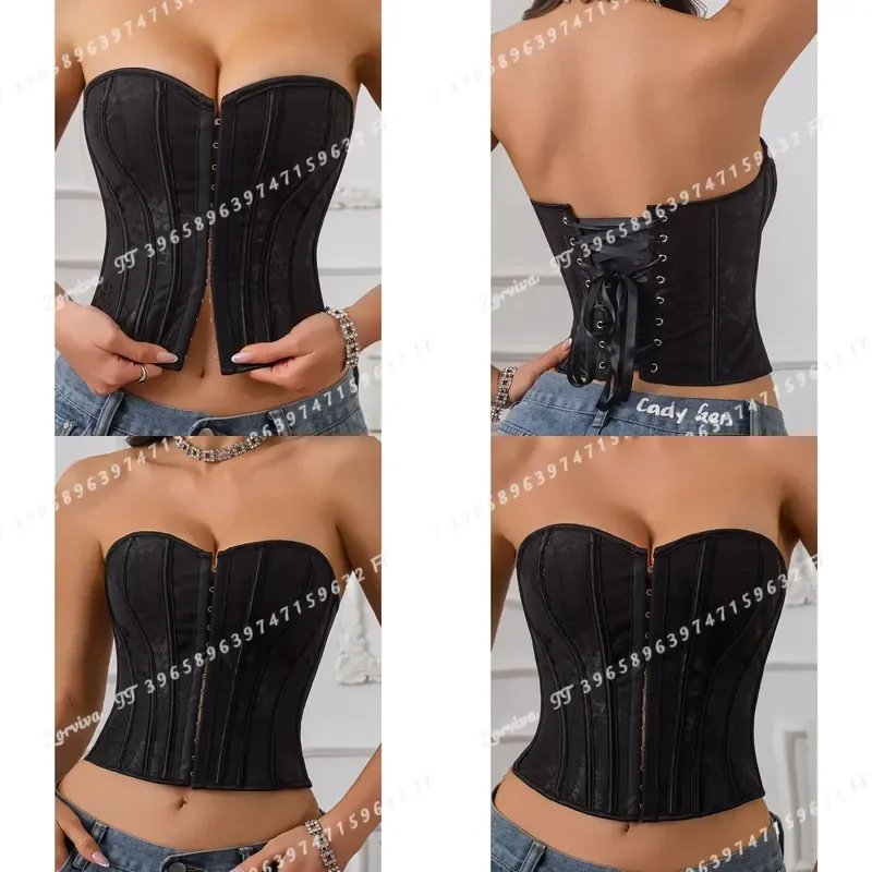 Vintage Strapless Overbust Corset Top Hook And Eye Front Lace Up Back Boned Bodyshaper Crop Tube Top For Music Festival