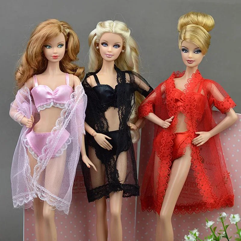 

3 шт./компл., аксессуары для кукол, черные сексуальные пижамы, нижнее белье, ночное белье, кружевное длинное пальто, ночная одежда, бюстгальтер, одежда для кукол супермоделей 1/6