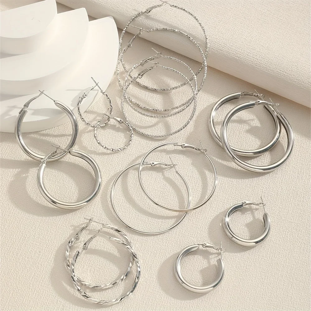 8 Pairs Set Of Hoop Earrings Alloy Jewelry Elegant Simple Style For Women  Daily Wear Delicate Set Gifts image 2