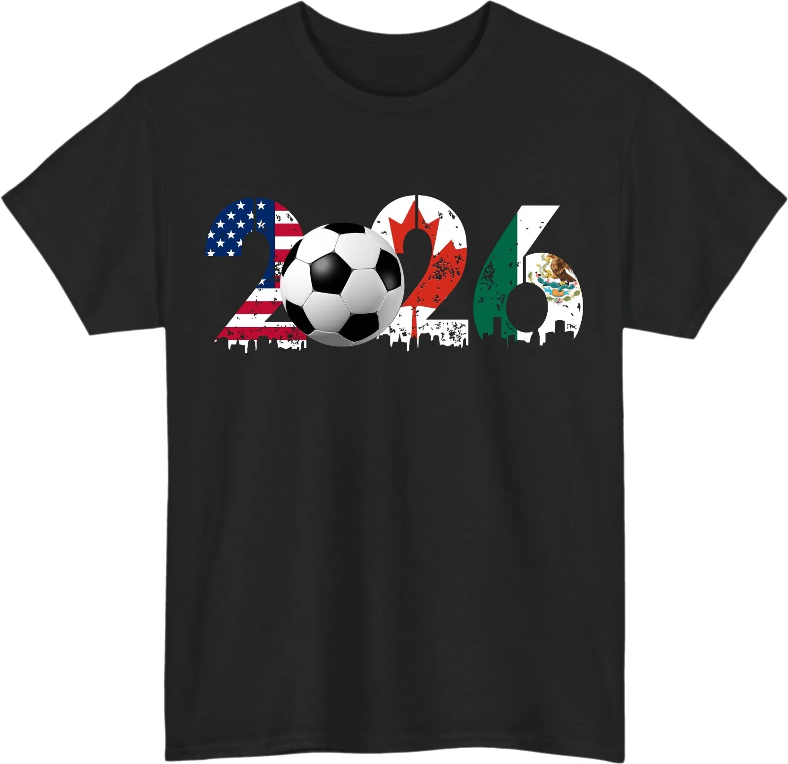 2026 USA Canada Mexico Soccer T‑Shirt Men North America Host Country Flag Skyline Vintage Football Fan Oversized Casual Tee Gift