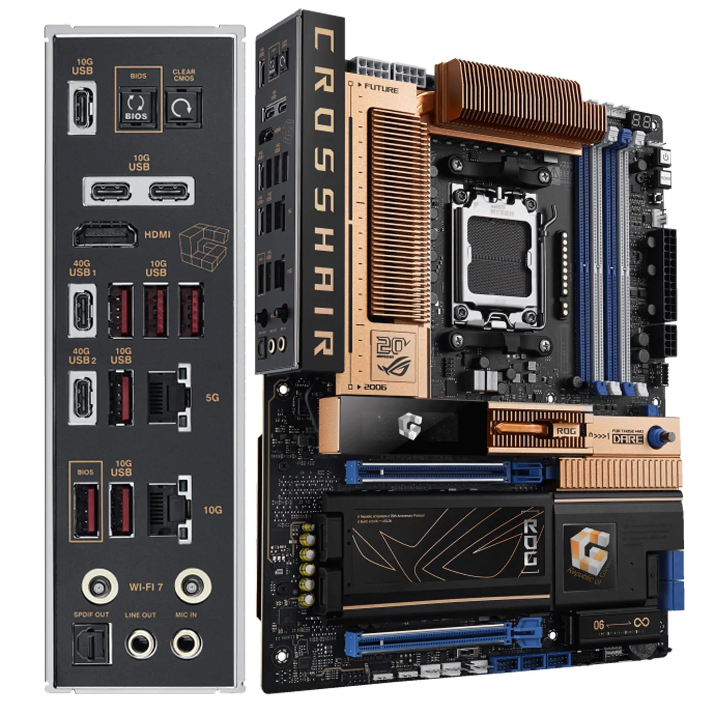 ROG blue and white CROSSHAIR dual network interface card 2006 replica WIFI 70,000 mega X870E retro 2 inch screen QC4