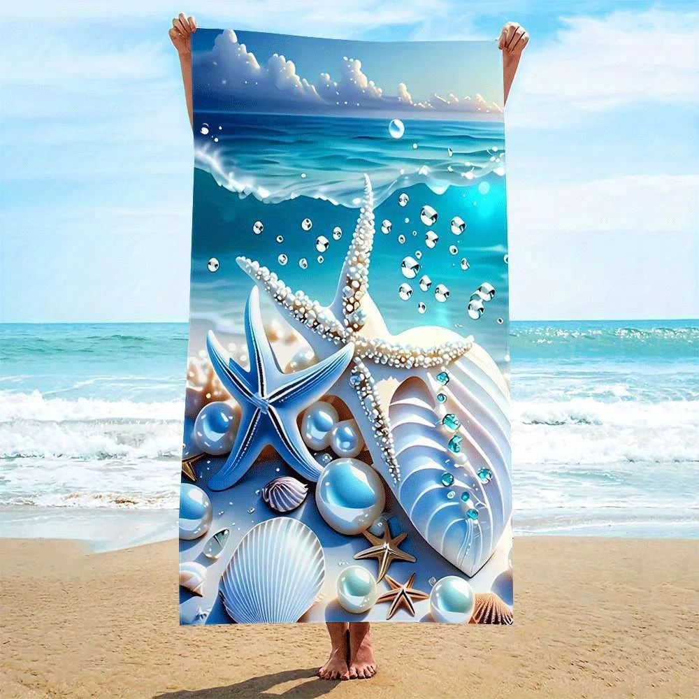 Blue Starfish Shell Printed Beach Towel Polyester Soft Quick Dry Large Bath Towel Summer Swimming Pool Surfing Blanket