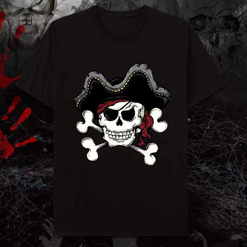 تي شيرت أسود ماركة ملابس الشارع الصيفية لعام 2025 مع طباعة نمط جمجمة Y2K ملابس شارع فضفاضة #1