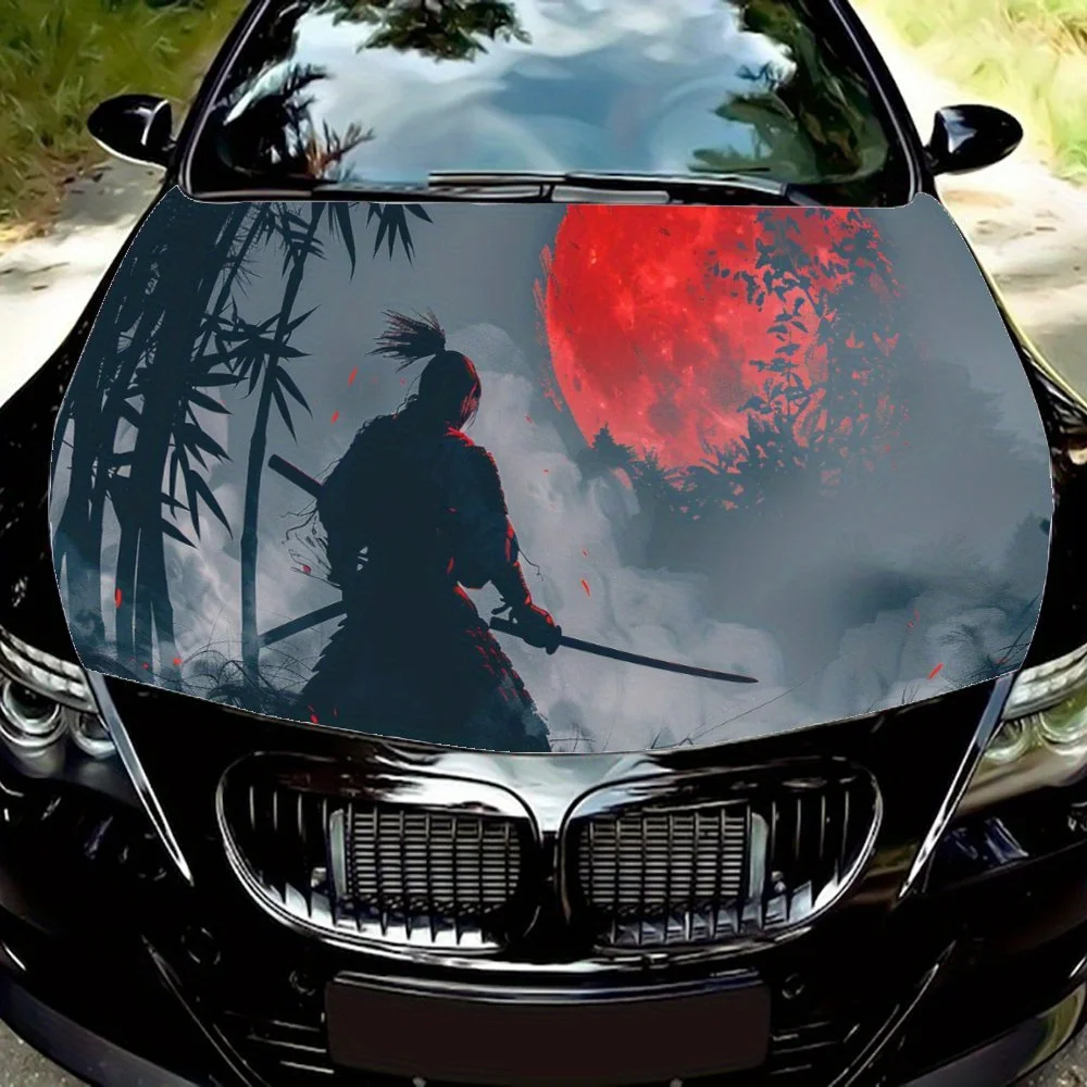 

Cool Red Moon Bamboo Warrior Print Car Hood Wrap Color Vinyl Sticker Truck Graphic Bonnet Auto Accessories Decoration Decal Gift
