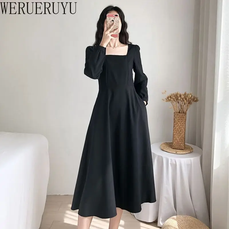 New Elegant Evening Long Dress Woman Clothing Autumn Winter Casual Square Collar Long Sleeve A-line Party Dresses for Women 2024