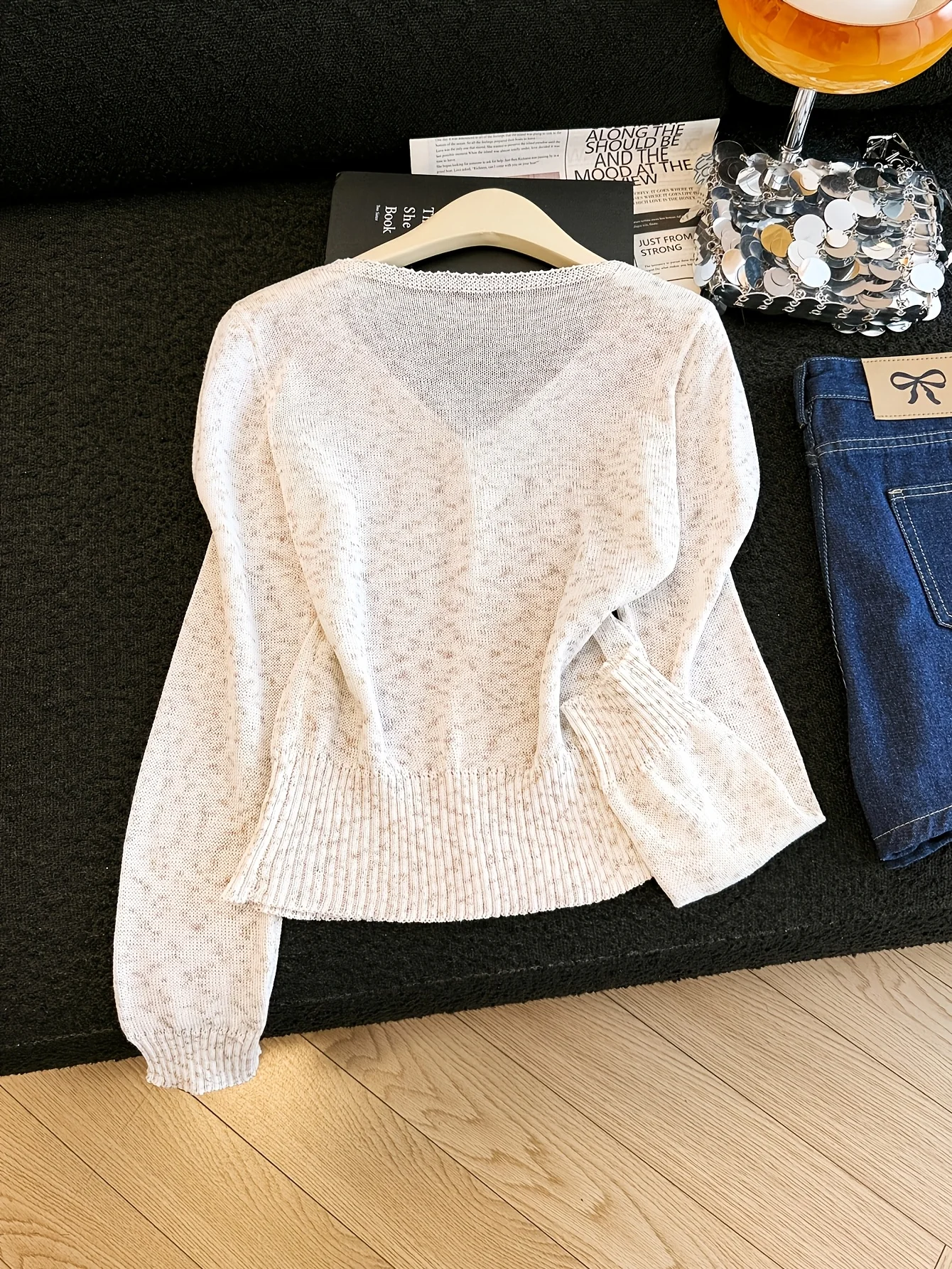 Women's V-Neck Waisted Slimming Knit Cardigan, Lightweight Ice Silk Long Sleeve Air Conditioning Top, Fashion All-Match Outwear