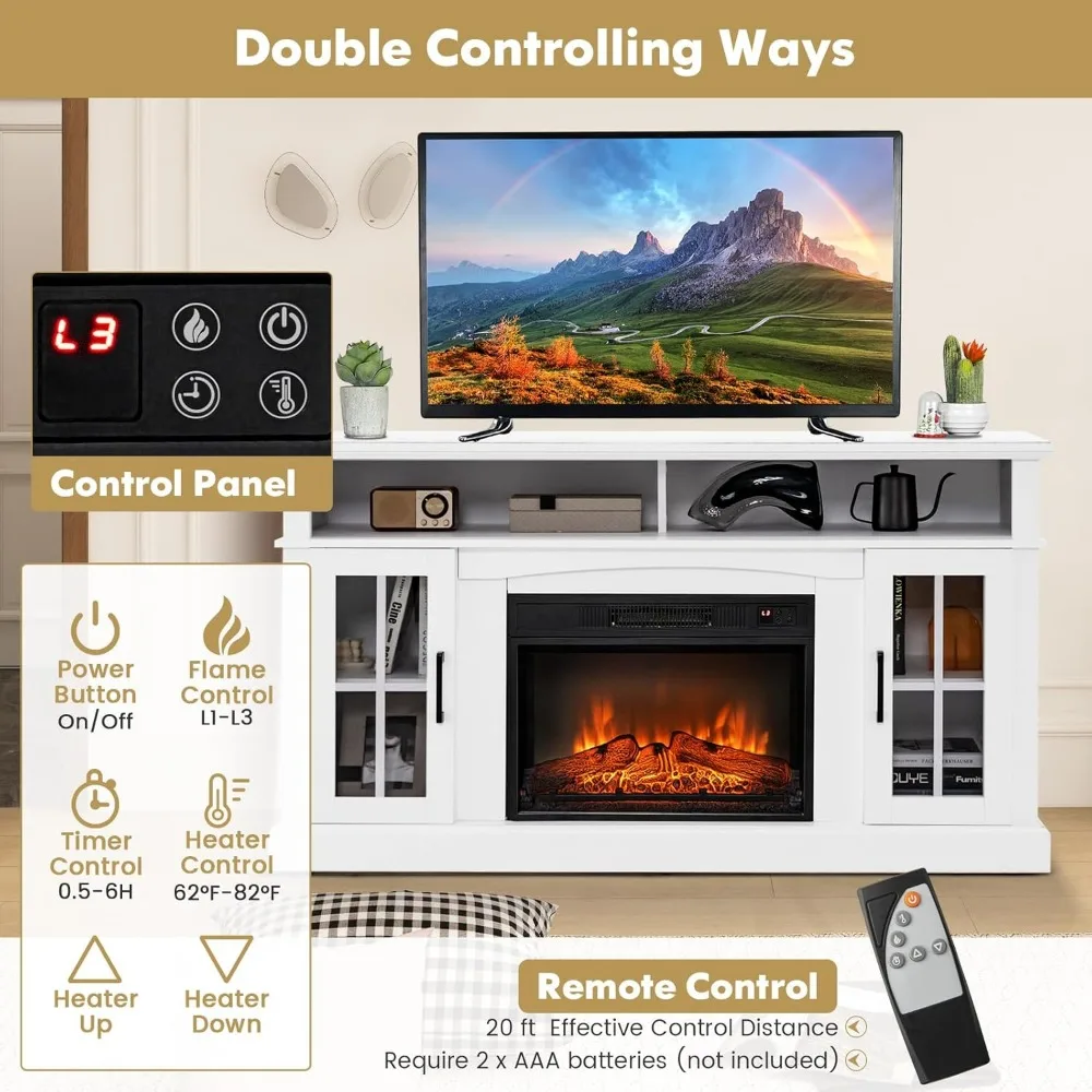65 Electric Fireplace TV Stand with 1400W Heater, Remote Control, 6H Timer, 3-Level Flame Settings