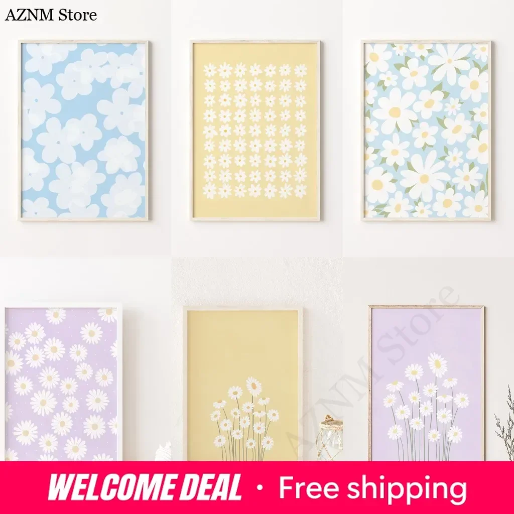 Flower Wall Art Canvas Print Natural Pastel Daisies Floral Illustration Poster Botanical Market Living Room Bedroom Decoratio