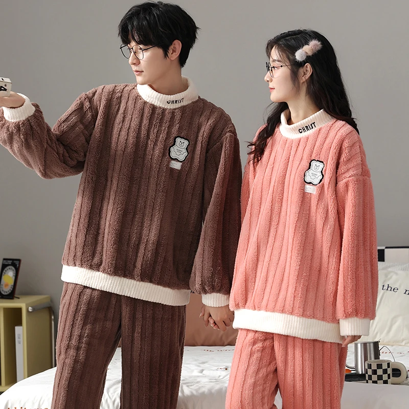 

Newest Winter Flannel Sleepwear Couples Pajamas Set Lovers Warm Fleece Kimono Pijamas Home Clothes