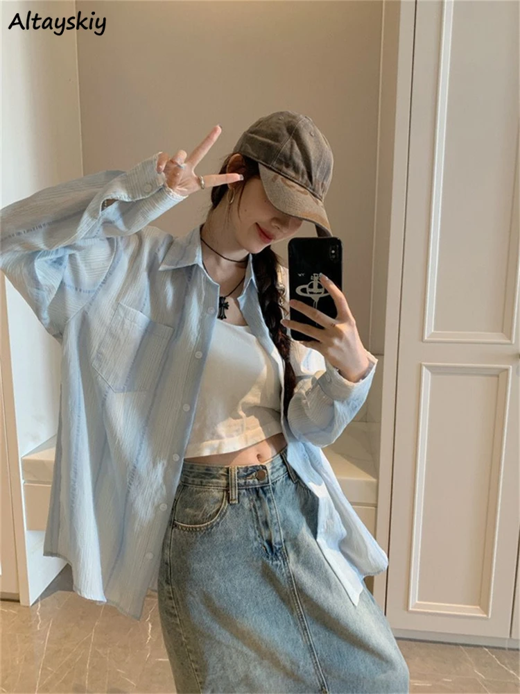 

Рубашка с длинным рукавом, женская солнцезащитная полосатая дышащая весенняя рубашка в корейском стиле, свободная универсальная женская модная рубашка с лацканами на каждый день