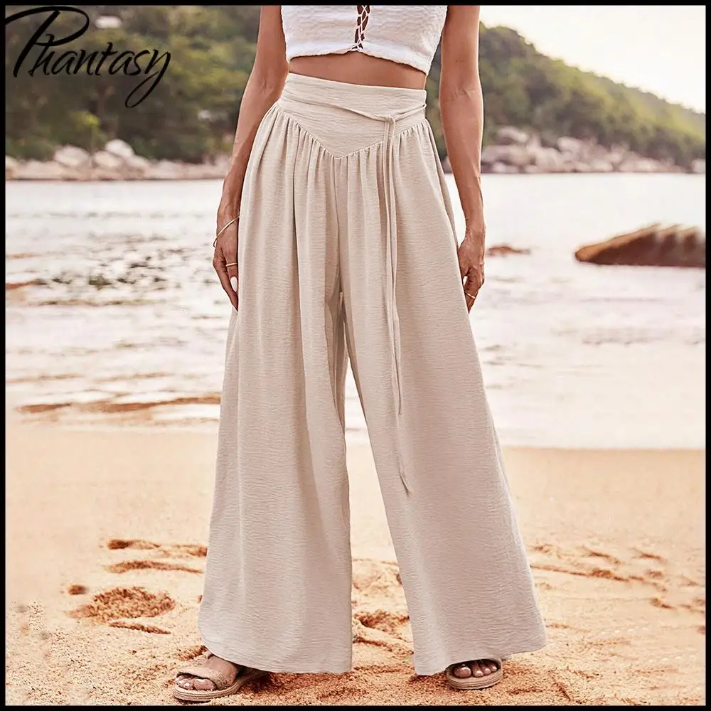 Elegant Wide-Leg Solid Pants Casual Resort Wear High-Waisted Elastic Waist Women's Long Pants Summer Commuter Lady Dress Up