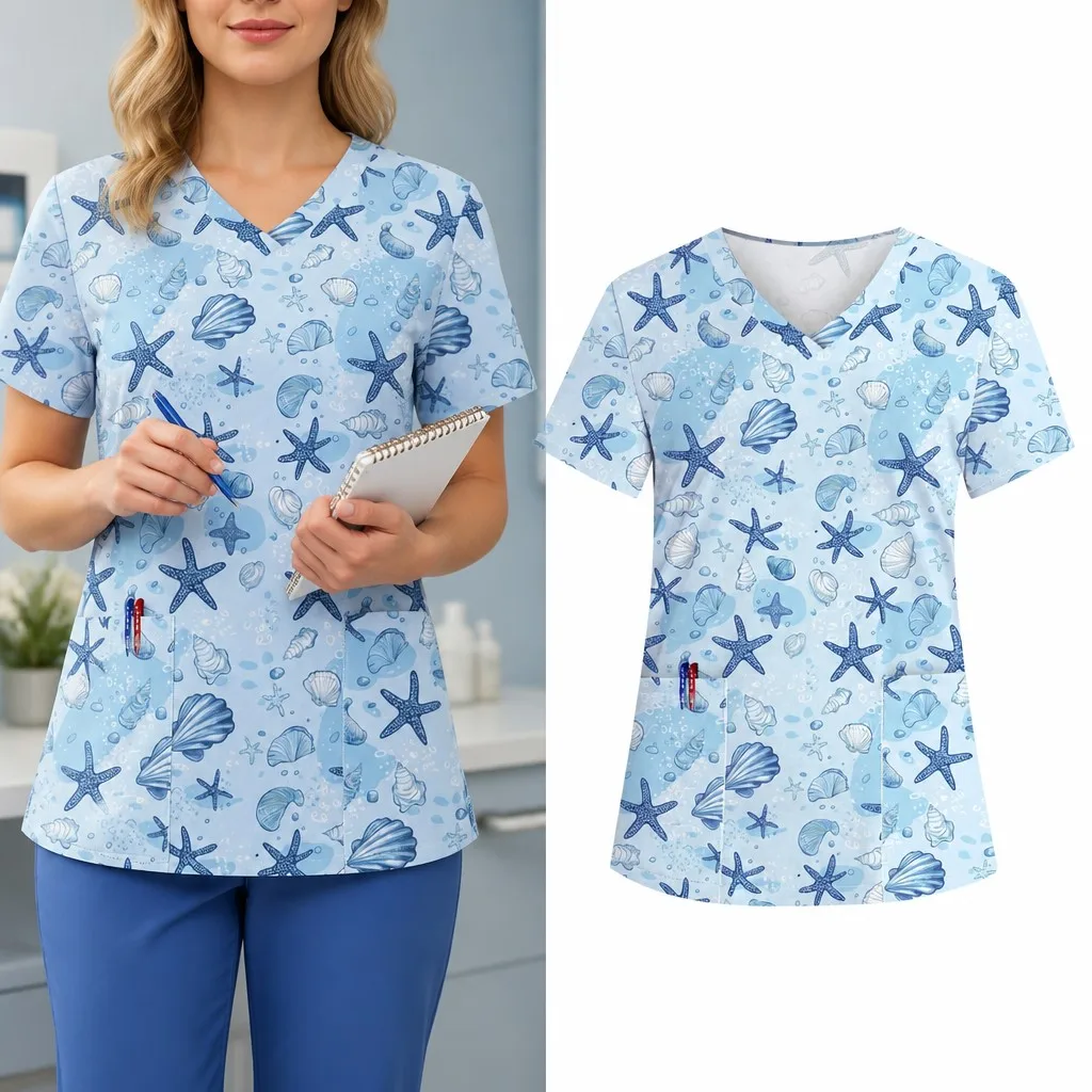 

Printed Pattern Women's Work Uniform V-neck Frosted Top Shirt Nurse Workwear Medical Uniform Women's Nursing Wear