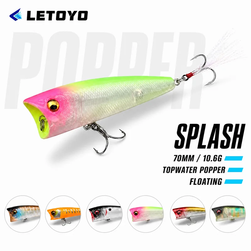 LETOYO 70mm 10,6g Popper Angelköder Oberflächenköder mit Dreifachhaken für Hecht, Barsch, Bass Oberflächenwobbler Angelzubehör