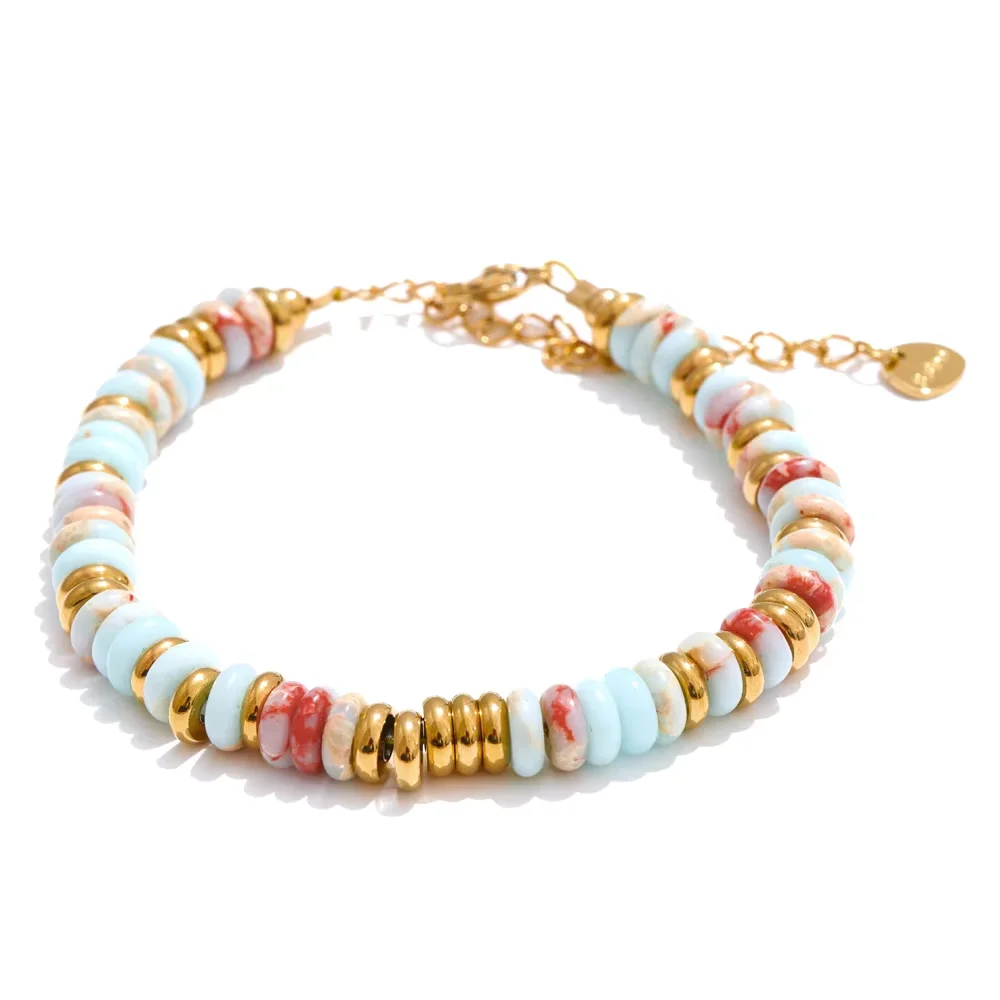 Yhpup Colorful Natural Stone Beads Chain Handmade Bracelet Bangle Waterproof Bohemia Stainless Steel Y2K Trendy Jewelry Gift image 3