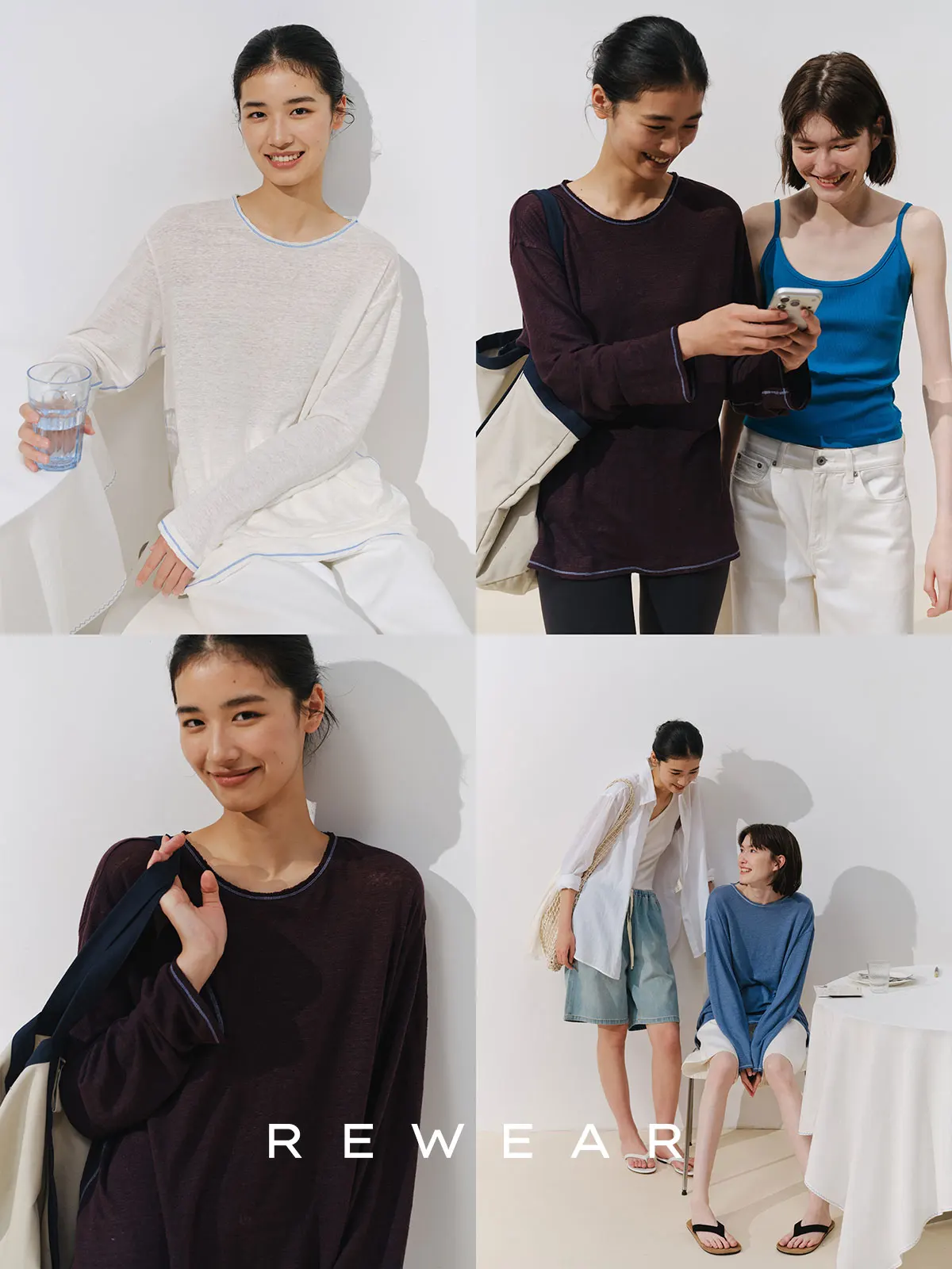 

Льняная свободная вязаная футболка REWEAR с длинным рукавом, фактурной контрастной строчкой, удобная, дышащая, женская летняя блузка